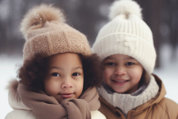 Obraz premium Two pretty afro-american girs in winter walking outdoors. Generative AI