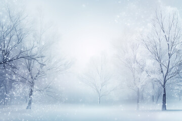 Winter snowy park, snowfall, Christmas greeting card, frame composition. Generative AI