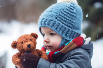 Little child with a teddy bear outdoors in winter. Generative AI