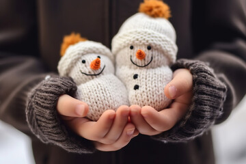 Kids hands closeup holding two mini knitted snowmen. Generative AI