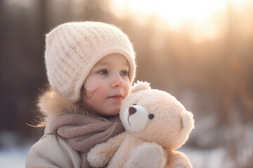 Little girl with a toy bear walking outdoors in winter, copyspace. Generative AI - obrazy, fototapety, plakaty