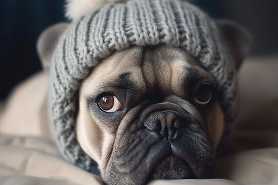 Dog in a knitted cap indoors ready to go to walk. Generative AI