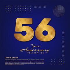 56th anniversary celebration template design with a golden pattern number style isolated on a blue background, vector template