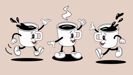 Set cute retro character cup of coffee. Funny logo mascot for menu café, cafeteria, coffee or tea shop. Cartoon vector illustration.