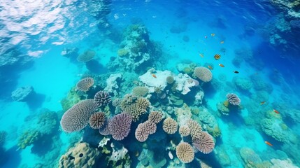 Drone Photography, hovering over a pristine coral reef, a kaleidoscope of marine life swimming in crystal clear waters, a scene that showcases the delicate and mesmerizing underwater world