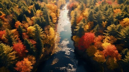 Fototapeta na wymiar Drone Photography, soaring above a dense forest during a vibrant autumn season, a canopy of trees in various shades of red and gold, a mesmerizing display of nature's annual transformation