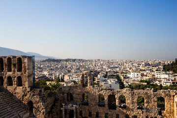 Fototapeta na wymiar Skyline scenic view in Athens from Acropolis in the top of a mount with some restored ruins
