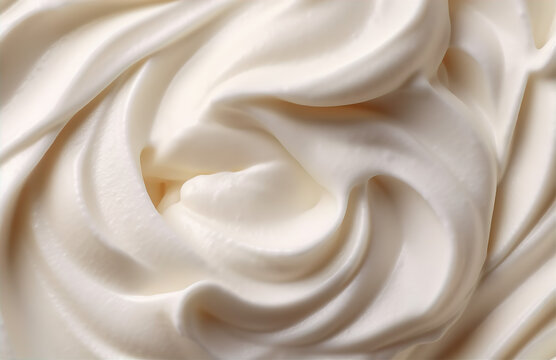 Closeup of vanilla ice cream. Frozen yogurt macro, Summer delicious refreshment. Gourmet food banner. Dairy product. Homemade sweet dessert. Refreshment concept. Top view. No people.