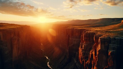 Drone Photography, soaring over a majestic canyon, the sun setting in the distance, casting a warm glow on the rocky walls, a scene that showcases the grandeur of nature's creations