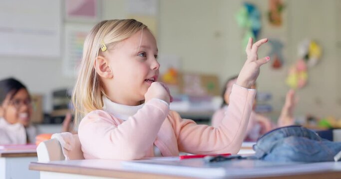 School, education and girl in classroom with answer for mathematics question, lesson and learning. Knowledge, academy and young children with solution for child development, studying and teaching