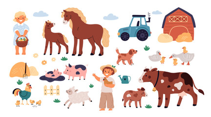 Cartoon kids and farm animals isolated white background. Farm animals care. Cute countryside illustration with horse, sheep, cow, heh, pid, chicken, goose and baby animals