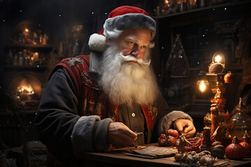 Obraz premium Santa looking for New Year decorations in traditional street market