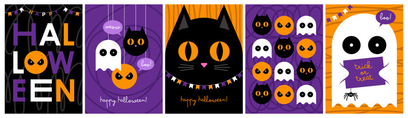 Set of five Halloween greeting cards, banners or posters with cute cat, pumpkin and ghost.