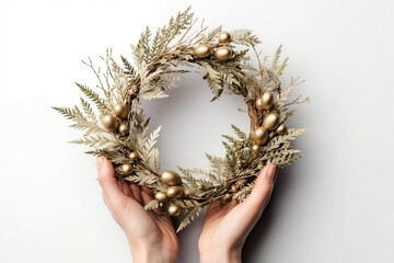 Rustic christmas wreath in female hand on white background - 641472946
