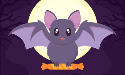 Isolated cute bat animal flying with candies Happy halloween Vector