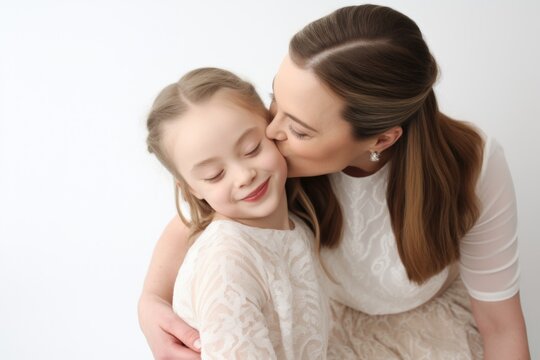Portrait of young mother kissing Her cute 5y. old  daughter with hugging on White background. Happy parent with kid and happy Mothers Day 