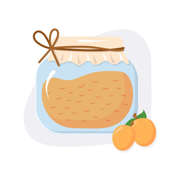 Glass jar with Apricot Jam with fruits. Two cute apricots, harvest. Canned food, stocks for the winter. Sweet food from grandma. Cartoon style. isolated object. Vector illustration.