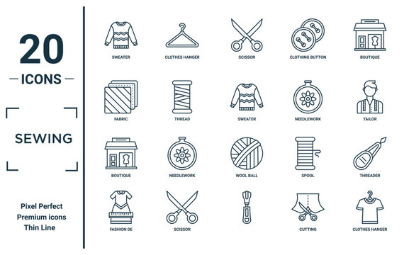 sewing linear icon set. includes thin line sweater, fabric, boutique, fashion de, clothes hanger, sweater, threader icons for report, presentation, diagram, web design