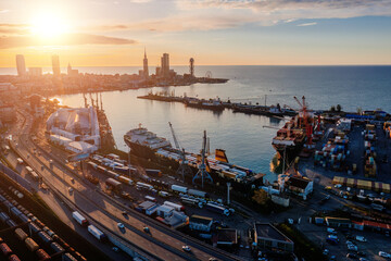 Port in Batumi, Georgia at evening sunset, aerial drone view