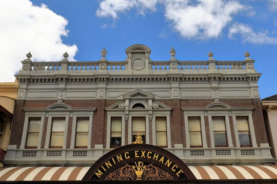 Facade of the Mining Exchange building in Classical 'Boom' style from 1888, Lydiard Street. Ballarat-Australia-888
