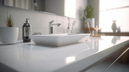 Fototapeta na wymiar Stylish white sinks on a white countertop in a modern bathroom interior
