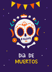 Day of the dead poster with skull, bones and flowers