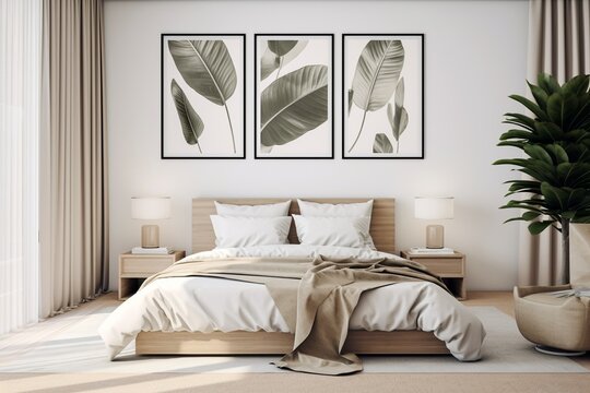 scandinavian bedroom with pictures on the wall,made with generative ai