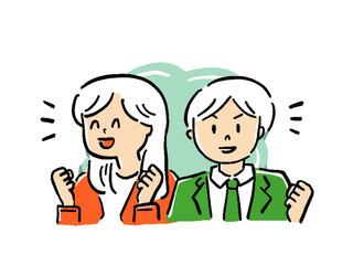  軽いガッツポーズをするOLとビジネスマンのイラスト　バストアップ
