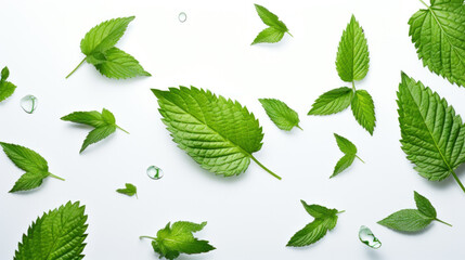 Fresh mint leaves pattern isolated on white background, top view. Close up of peppermint © PaulShlykov