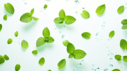 Fresh mint leaves pattern isolated on white background, top view. Close up of peppermint
