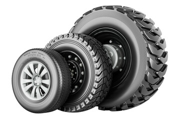 Car wheel, trucks wheels. Auto wheels of various sizes, 3D rendering isolated on transparent background © natatravel