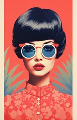 50s / 60s retro girl with black hair and a blob haircut, and trendy summer sunglasses, in a tropical setting, in a screenprint style poster artwork