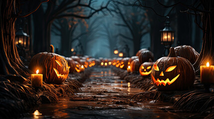Ominous path with Halloween pumpkins and burning candles in a creepy forest at night