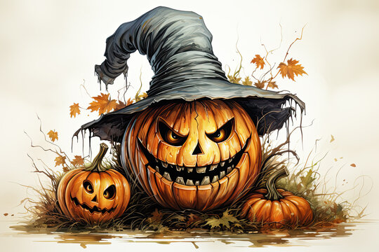 Watercolor illustration of creepy Halloween pumpkin with a toothy grin in a witch hat among small pumpkins and autumn foliage