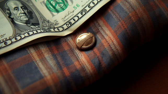 Dollars in the pocket of a tartan shirt close-up