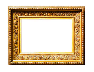 Gilded empty picture frame with decorations on white background..