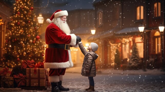 child encounters Santa Claus in a snowy village square, standing next to a beautifully decorated Christmas tree, as their eyes light up with wonder and awe.
