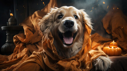 Dog wrapped in orange cloth and Halloween pumpkins. Generative AI