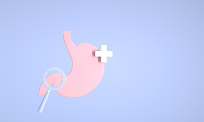 Stomach multifunction. Stomach illustration with lens and cross. Medical illustration minimalistic. Diagnostic abdomen. 3d render