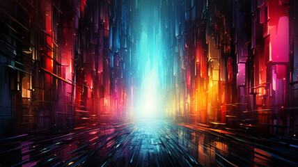 Urban Mirage: Metropolis Street's Glitchy Rainbow Dance in the Realm of the Infinite