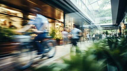 Sustainable living and eco-friendly practices with people blur. Riding a bicycle at town