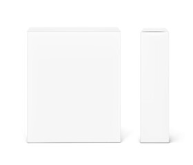 Realistic cardboard box mockup set. Vector illustration isolated on white background. Front and side view. Can be use for food, cosmetic, pharmacy, sport and etc. Ready for your design. EPS10.