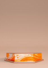 3D orange podium marble pattern. Pedestal for product presentation on beige clean background. Vertical. Copy space