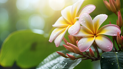 frangipani flower on blurred greenery tree background