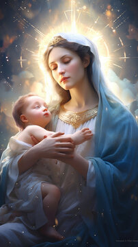 Painting of the Virgin Mary with the baby Jesus in her arms on a background of the sky with clouds and golden sunbeams