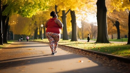 Beautiful overweight african american woman running outdoors in park. Fat lady jogging, Plus size fitness lifestyle. Weight Loss, Full length Shot - obrazy, fototapety, plakaty