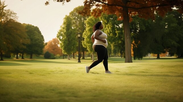 Beautiful Overweight African American Woman Running Outdoors In Park. Fat Lady Jogging, Plus Size Fitness Lifestyle. Weight Loss, Full Length Shot