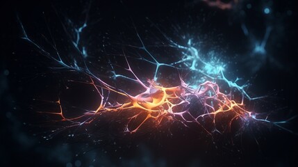 Conceptual illustration of neuron cells with glowing link knots in abstract dark space. 3D effect