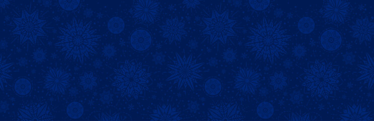 Blue christmas banner with snowflakes. Merry Christmas and Happy New Year greeting banner. Horizontal new year background, headers, posters, cards, website. Vector illustration