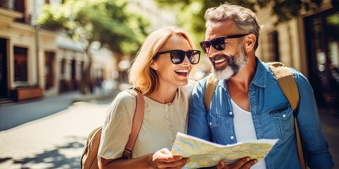 Joyful Tourists Exploring City with Map Blissful Couple Uniting on Summer Getaway Travel Lifestyle of Elderly Pair in European metropolis, Generative AI